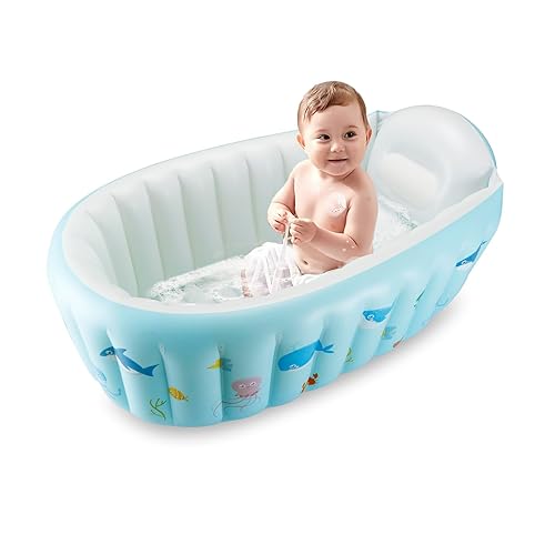Miniatura 6 de PandaEar Bañera inflable para bebé, bañera portátil de viaje para bebés con bomba de aire, lavabo de ducha plegable antideslizante mini piscina de