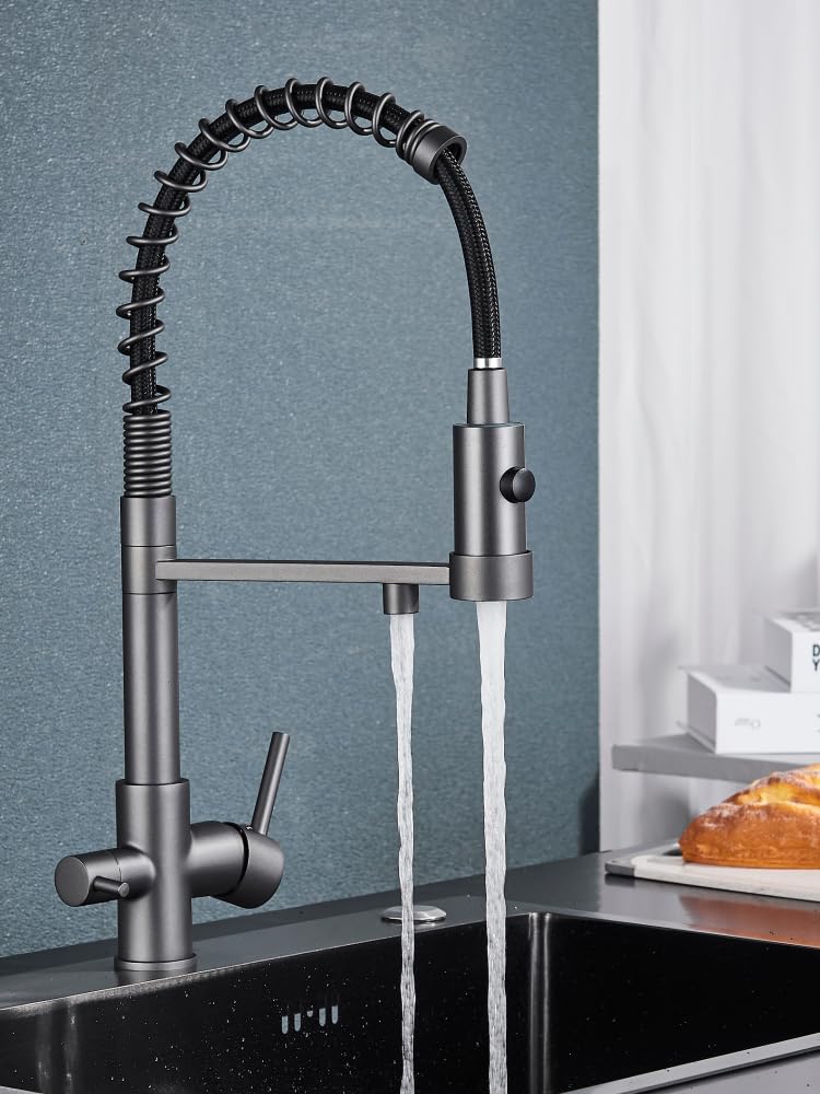 Grifo de cocina de 3 vías Solid Spring con sistema de filtro de agua Aquaphor Morion 101S RO, ósmosis inversa, filtro para debajo de la mesa de 0,0005 µm, depósito de 5 L, 190 l/día, ducha extraíble