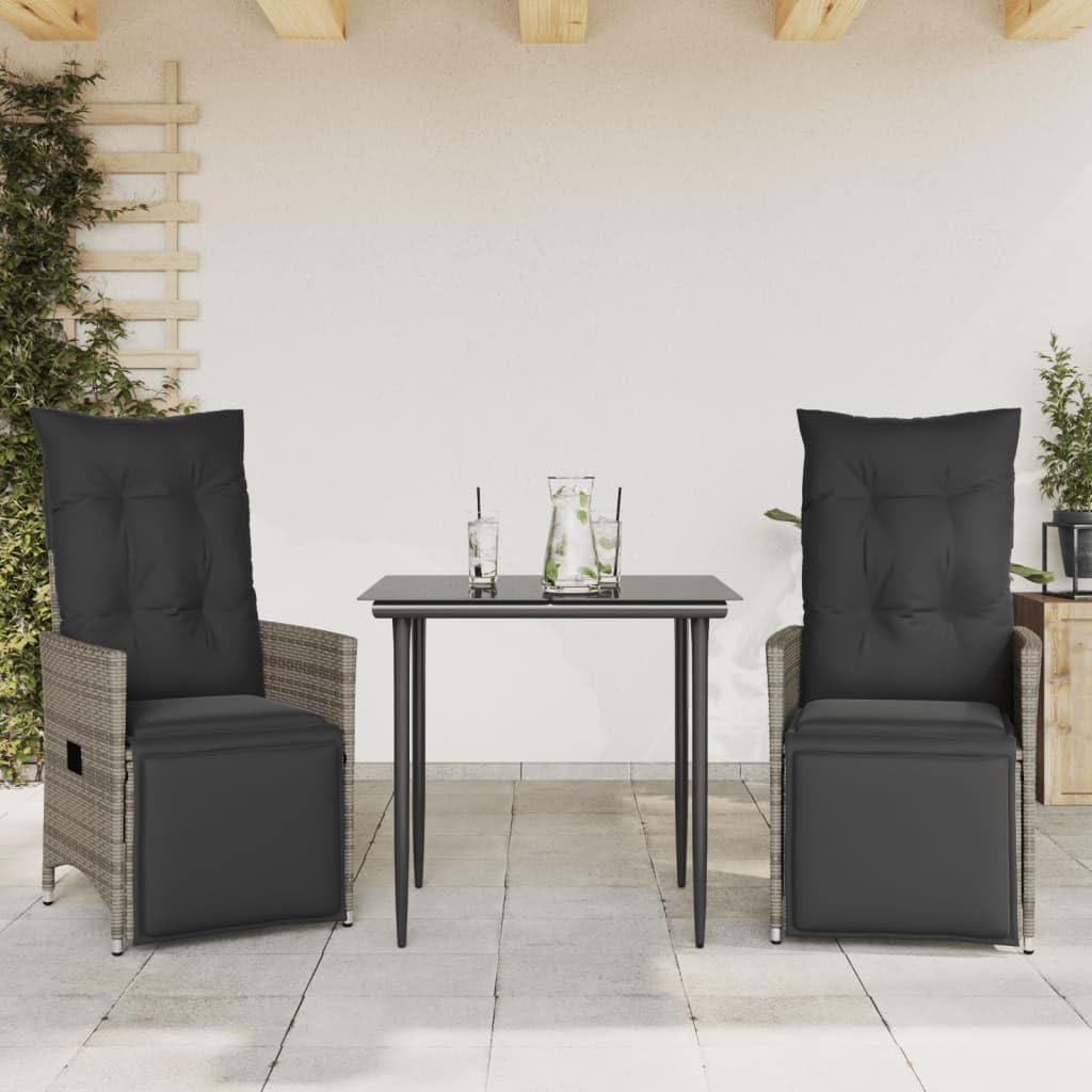 Poltrona da giardino regolabile con cuscino, 2 pezzi, grigio polyrattan, in rattan sintetico, per esterni, con schienale e poggiapiedi regolabili, rivestimenti lavabili rimovibili,
