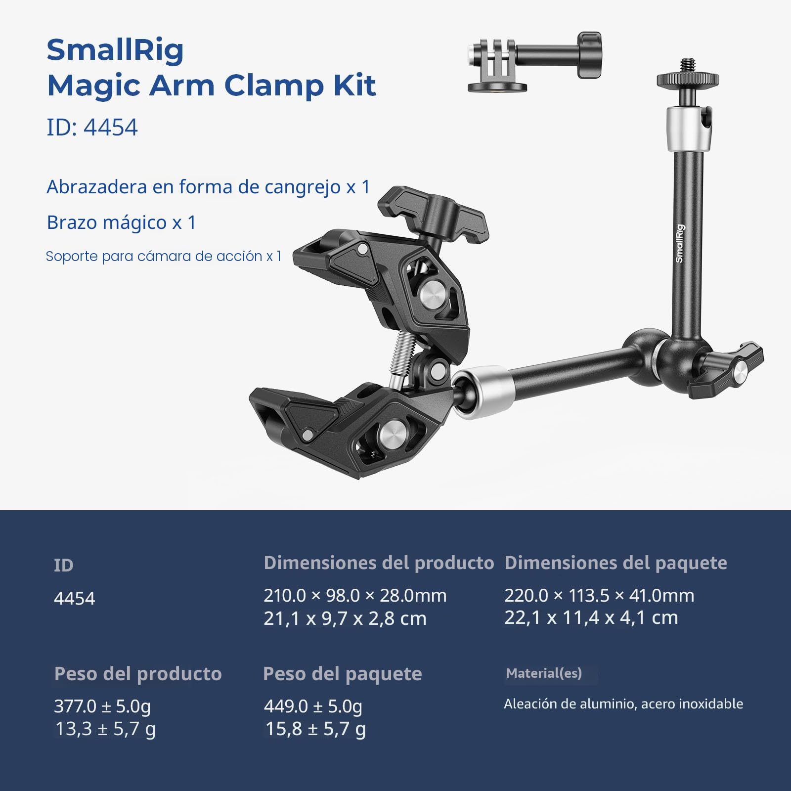 SMALLRIG Abrazadera de Brazo Mágico, Super Clamp con Magic Arm, con Tornillo de 1/4"-20 y Orificio de Rosca, para Cámara de Acción, Luz, Monitor, Cámara Web - 4454