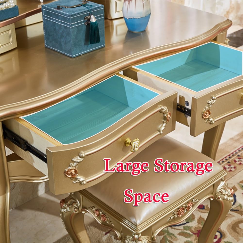 Amazon.com: Vintage Vanity Table Set, Bedroom Vanity Desk with Oval Mirror, 4 Drawers and Upholstered Stool, Large Makeup Table for Women (Color : Champagne, Size : 86x51x160cm) : Home & Kitchen Amazon.com: Vintage Vanity Table Set, Bedroom Vanity Desk with Oval Mirror, 4 Drawers and Upholstered Stool, Large Makeup Table for Women (Color : Champagne, Size : 86x51x160cm) : Home & Kitchen