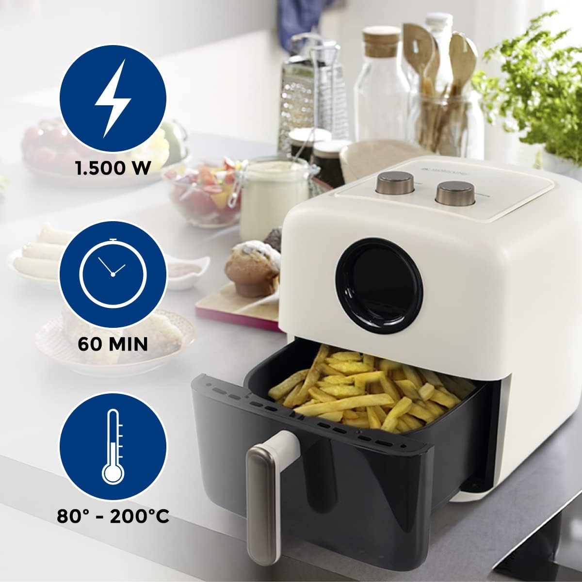 Mobiclinic, Friggitrice ad aria, Dimensione XL, 5 Litri, Stile vintage,10 programmi, 1500W, Fino a 200ºC, Finestra trasparente, Display LED, Limos, Air fryer, Sistema di dissipazione del calore