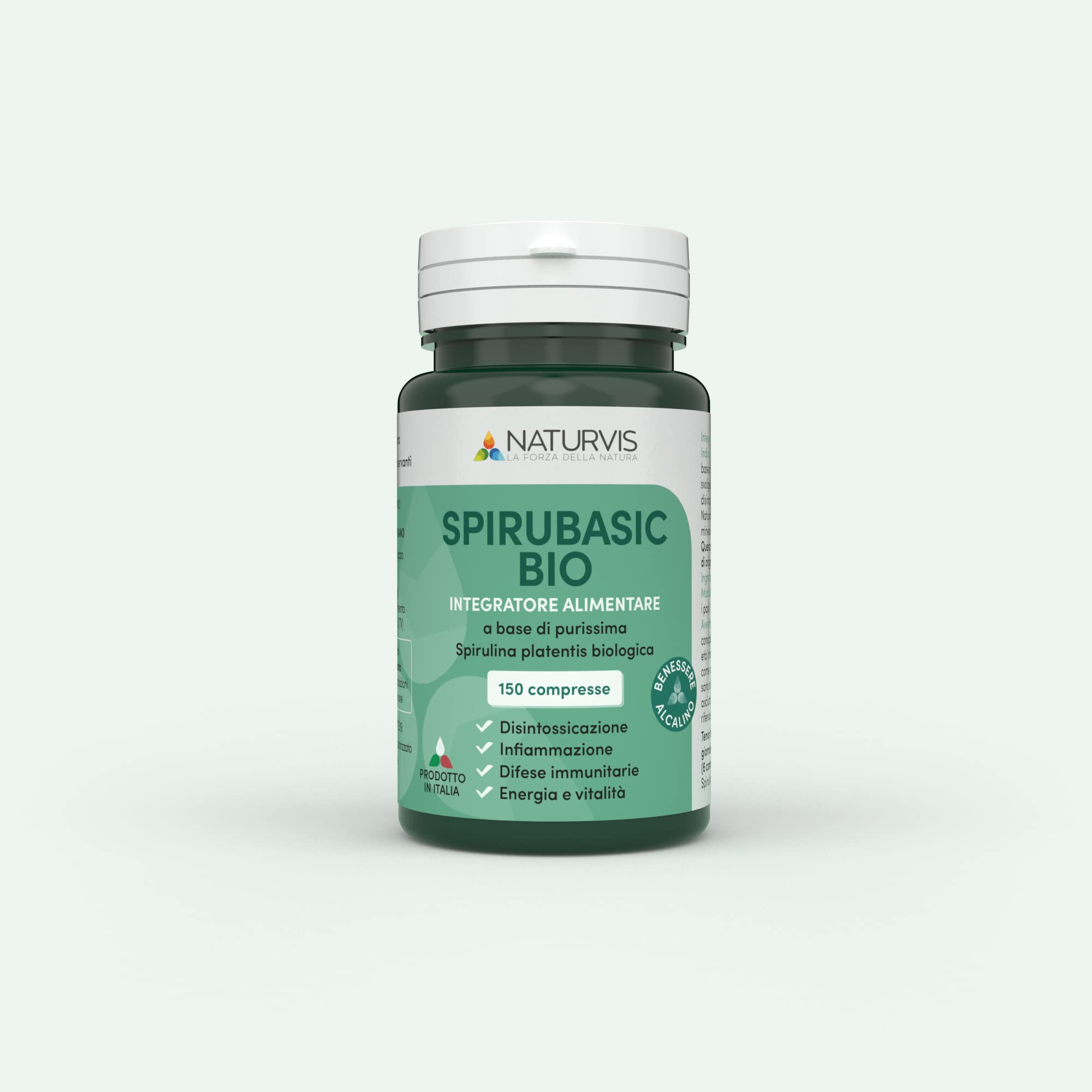 SPIRUBASIC BIO, Spirulina Purissima, Biologica - COLTIVATA IN ITALIA - 150 compresse – Fonte naturale di Amminoacidi Essenziali, Vitamine, Omega 3, Sali Minerali