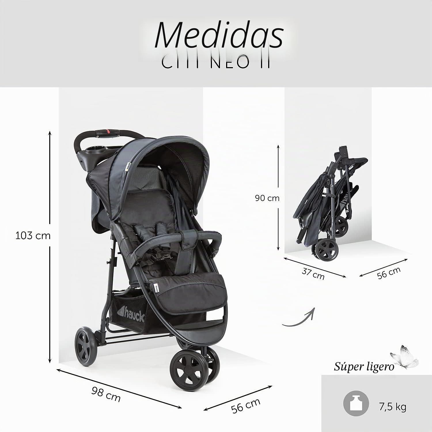 hauck Citi Neo II Carro 3 Ruedas Ultraligero - Silla de Paseo Ligera hasta 22 Kilos - Carrito Bebe desde Nacimiento Reclinable - Se Pliega con Una Mano - Cesta XL hasta 3 kg - Negro