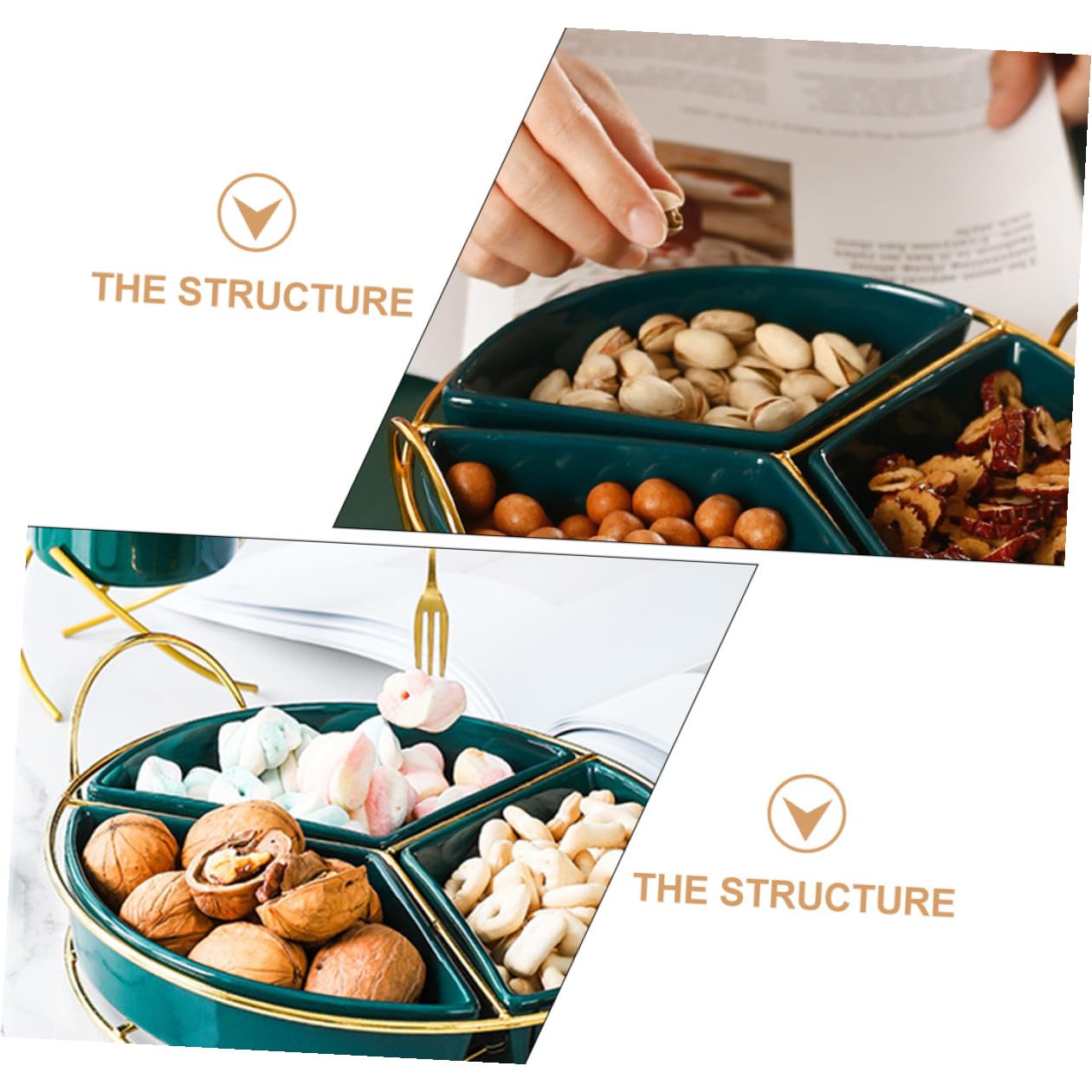 DOITOOL Plateau à Trois Compartiments en Céramique et Fer, Vert | Grand Format, avec Rack, Design Simple et Généreux, pour Rassemblements et Mariages