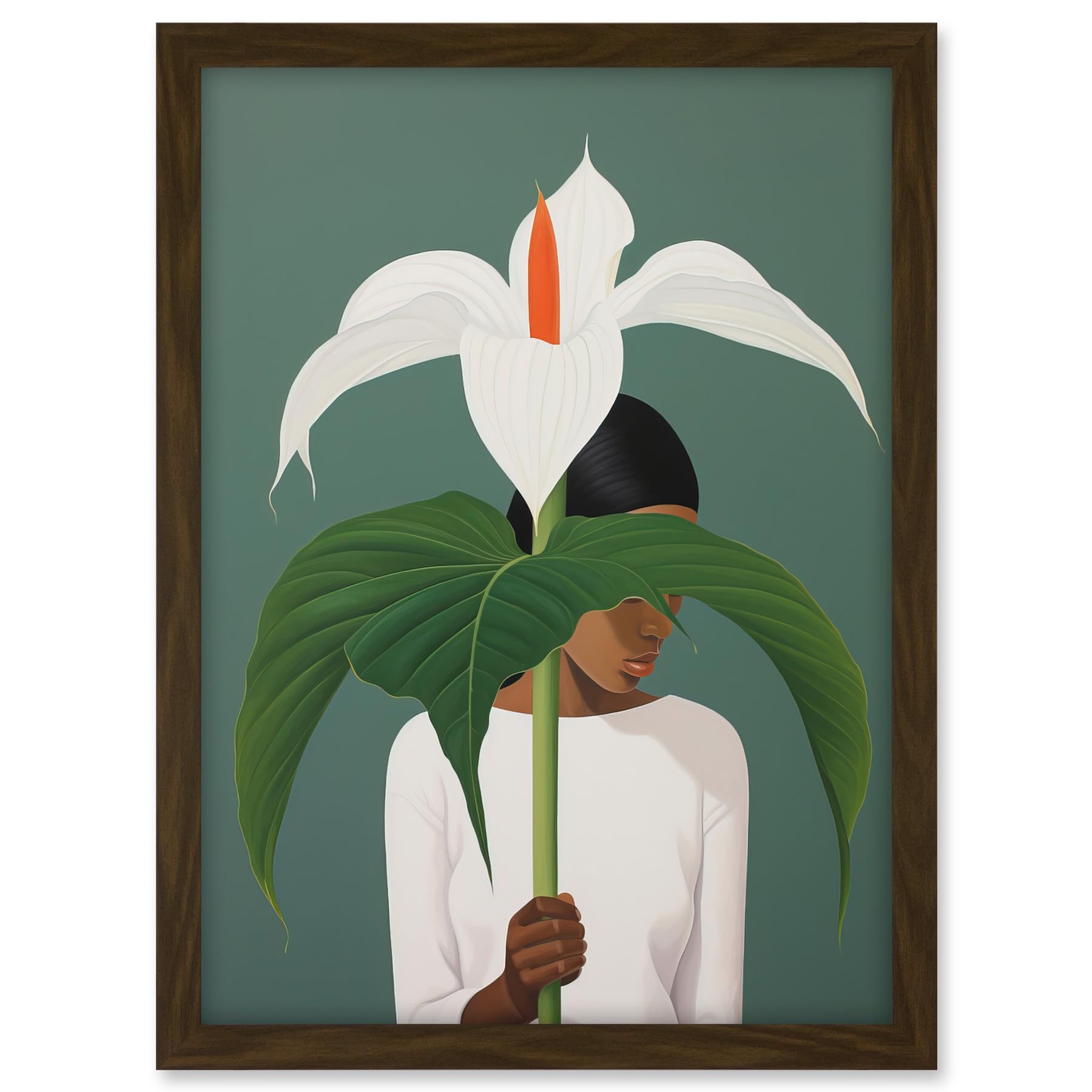Artery8 Giant Peace Lily Showcase Realistic Oil Painting White Teal Green Woman with Flower Minimalist Artwork Framed A3 Wall Art Print