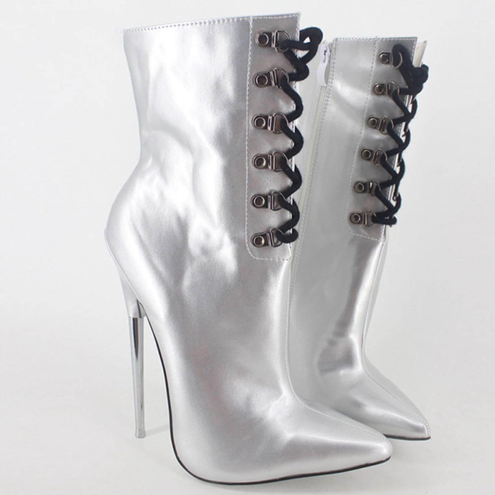 Tacchi Donna Tacchi Alti 18cm Stivaletti Argento Metallizzato Tacco Fine Punta in Vernice,Silver-39