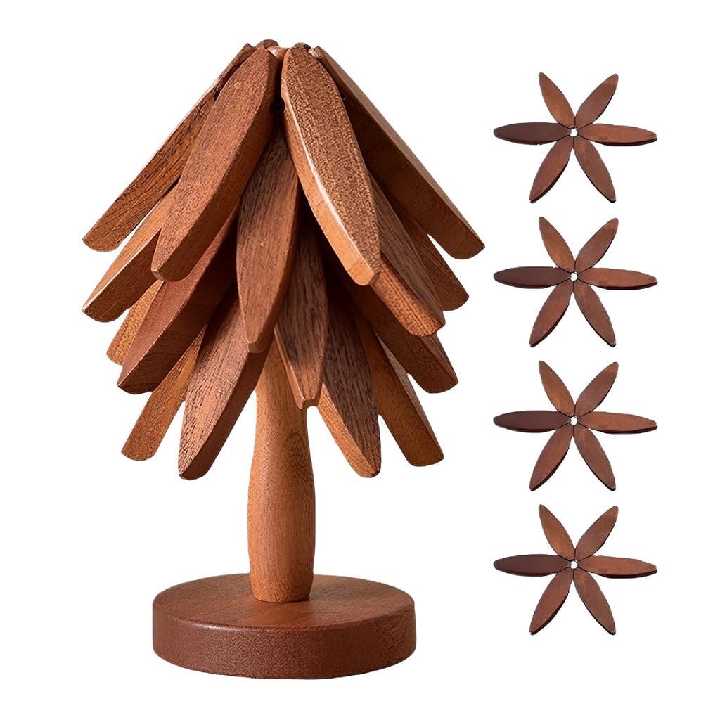 MOHAK Wooden Tree Trivet 5 Pcs Set for Hot Dishes & Teapots, Foldable Stacking Tree Shaped Trivets, Heat Resistant Wooden Coasters for Pots, Pans & Serving Bowls, Table & Countertop Protection-image-13
