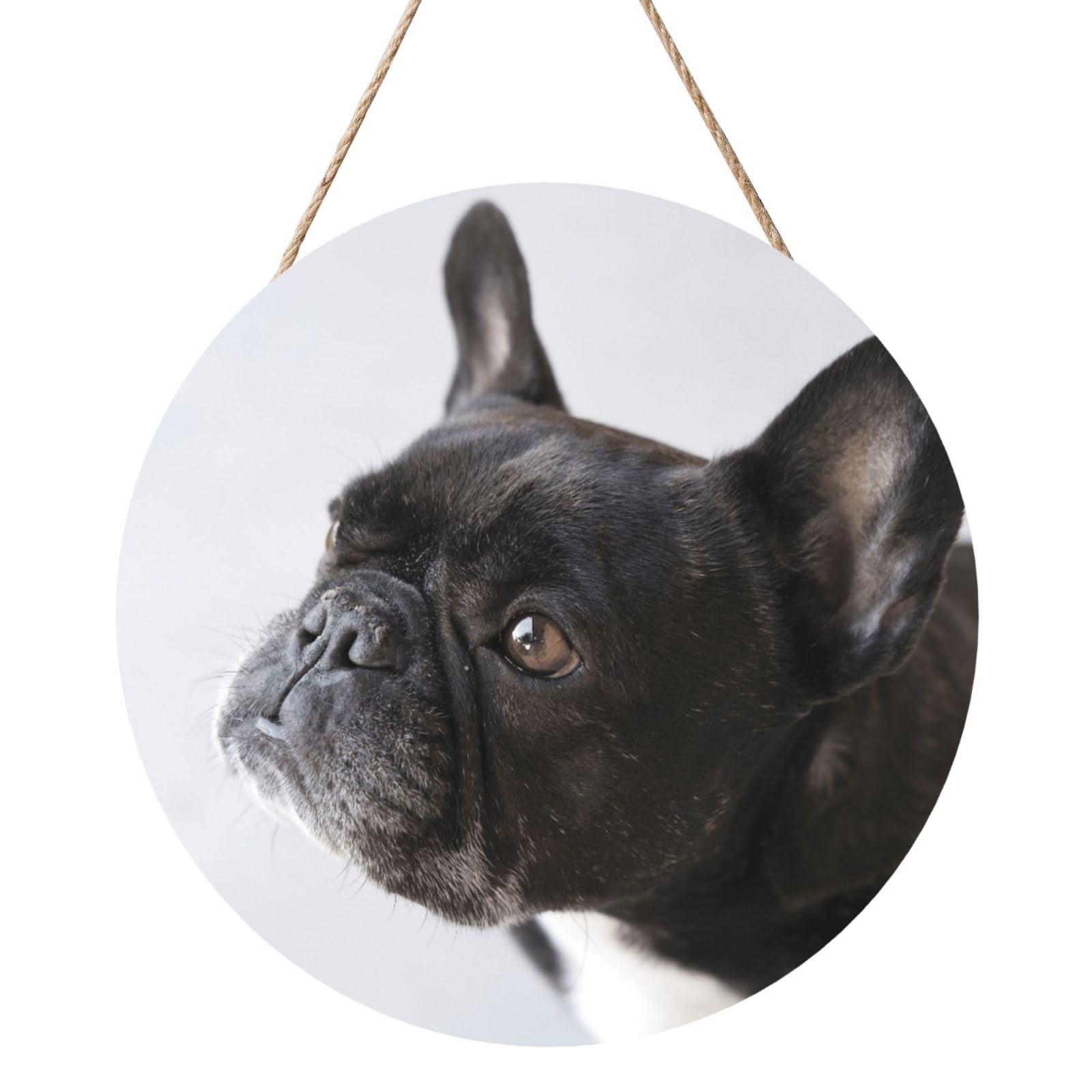 InOmak Sweet Pet Cute Black French Bulldog Puppy, Round Wood Panel Painting 12 in, Wall Hanging Painting For Home