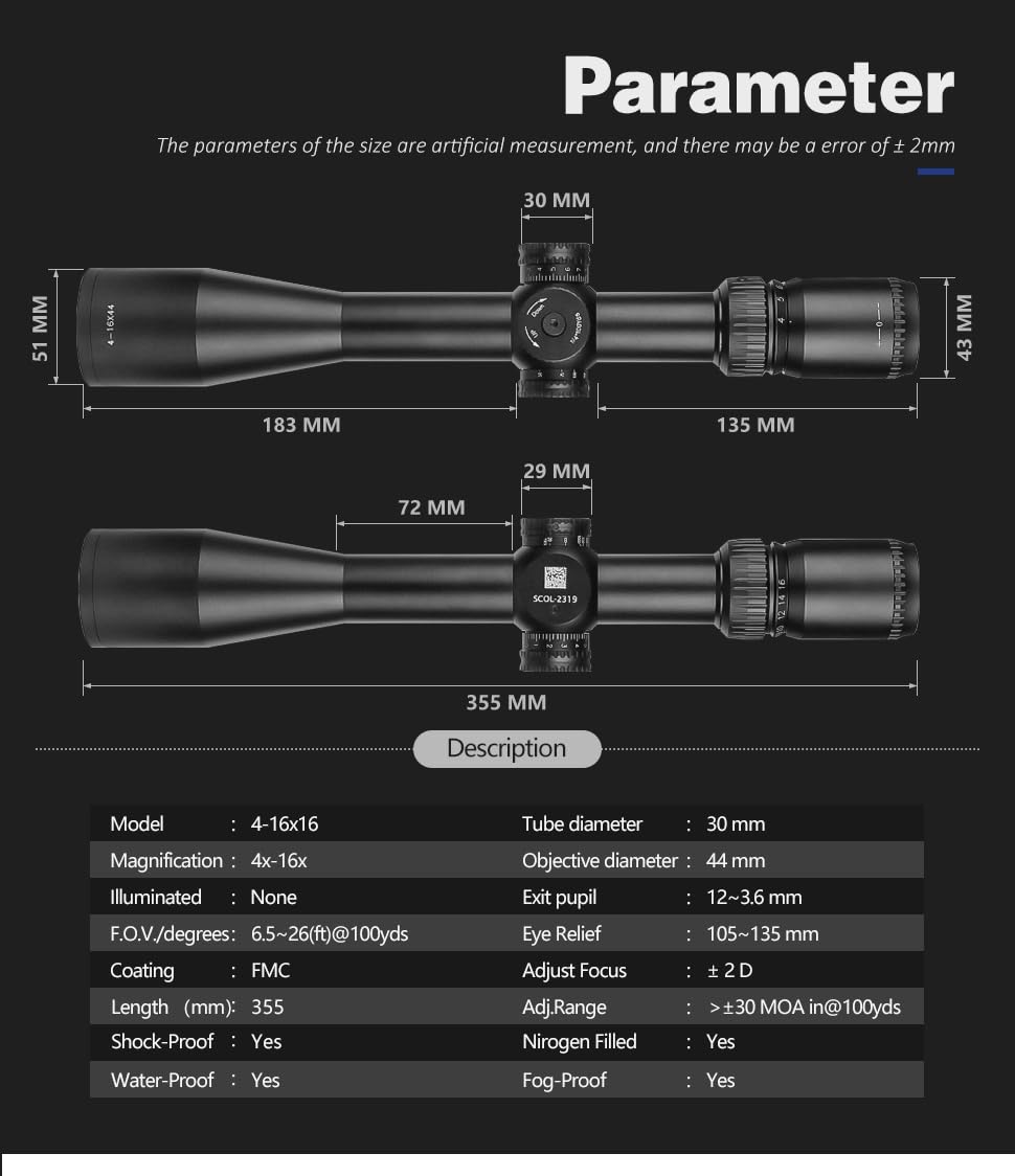 SPINA OPTICS HD 4-16X44 SFP, Tube de 30 mm deuxième Plan Focal Lunette de Chasse Lunette de visée Optique Tactique portée de Fusil Airsoft
