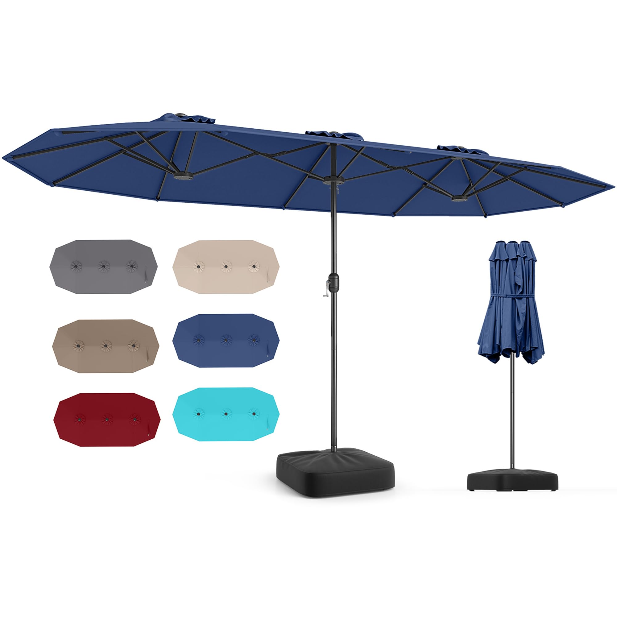 RELAX4LIFE Grand Parasol de Jardin Extérieur avec Pied | Parasol Double Terrasse à 12 Baleines | Manivelle | Polyester Résistant | Verrou de Sécurité | Protection UV pour Piscine Patio Marché (Marine)