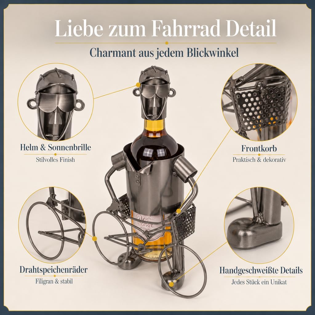 MIJOMA Weinflaschenhalter Fahrradfahrer aus Metall – Deko-Weinständer für 1 Flasche, Handarbeit, originell für Radfahrer, Flaschenhalter Eisen, 25x13x20,5 cm