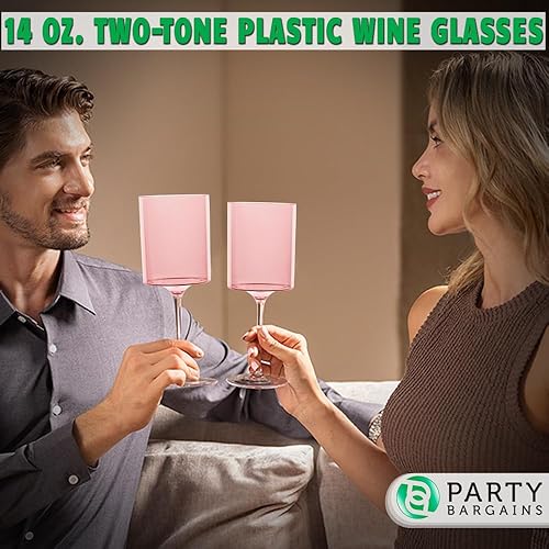 Miniatura 7 de PARTY BARGAINS Copas de vino de plástico irrompibles en dos tonos, 14 onzas, rosa y transparente, paquete de 10, copas de plástico resistentes,