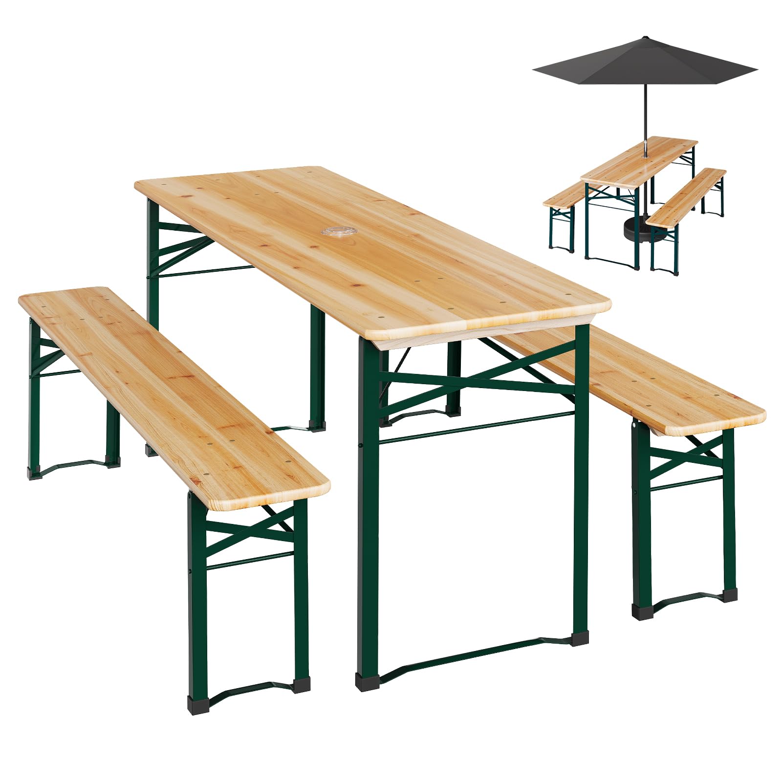 WOLTU Ensemble de Table et Banc de Brasserie 3 Pièces Table Pliante Extérieure avec 2 Bancs Pliables en Bois et Métal