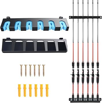 Fishing Rod Holder - Wall Mounted Rack Organizer Holds 6 Rods & Combos Fishing Pole Holders for Garage, Boat, or Home Storage 12.6" Space-Saving Design Fits Most Rod Diameters Vertical Black-Blue