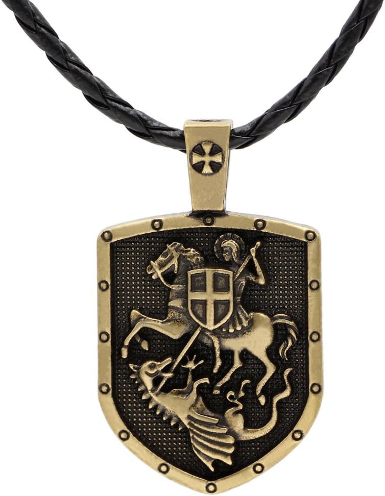 TTKP ST.GEORGE ON HORSE KILLS DRAGON SHIELD CROSS MEDAL Knot Amulet PENDANT Necklace