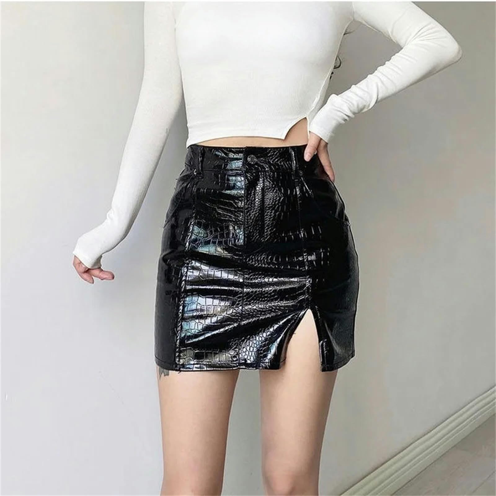 Gonna Lunga Donna Pu Gonne in Pelle Side-Slit Mini Vita Alta Nero Cool Streetwear Club Fashion Party-Nero-l