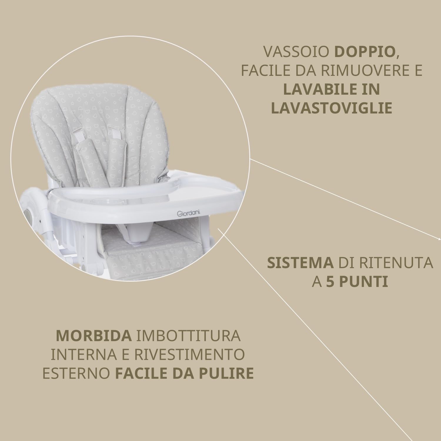 Giordani G-Snack Seggiolone Pappa 6 Mesi - 15kg, Altezza Regolabile in 7 Posizioni, Schienale e Poggiapiedi regolabili, 4 Ruote con Freno, Chiusura Compatta Salvaspazio e Doppio Vassoio Lavabile