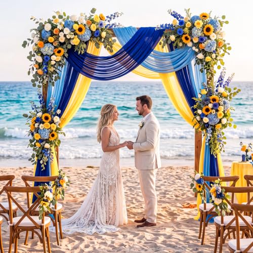 Image of Amalfi Coast Wedding Arch Draping Fabric 3 Panels Blue Yellow Lemon Drapes 2.46 x 20ft Sheer Chiffon Fabric Backdrop for Wedding Ceremony Birthday Party Bridal Shower Decoration