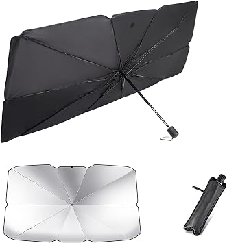 Car Windshield Sun Shade Umbrella for Hyundai Solaris Accent Excel Pony Brio Verna Avega, Foldable Windshield Sunshade with 10-Rib Alloy Frame, Titanium Silver Coating,S 125 * 65cm