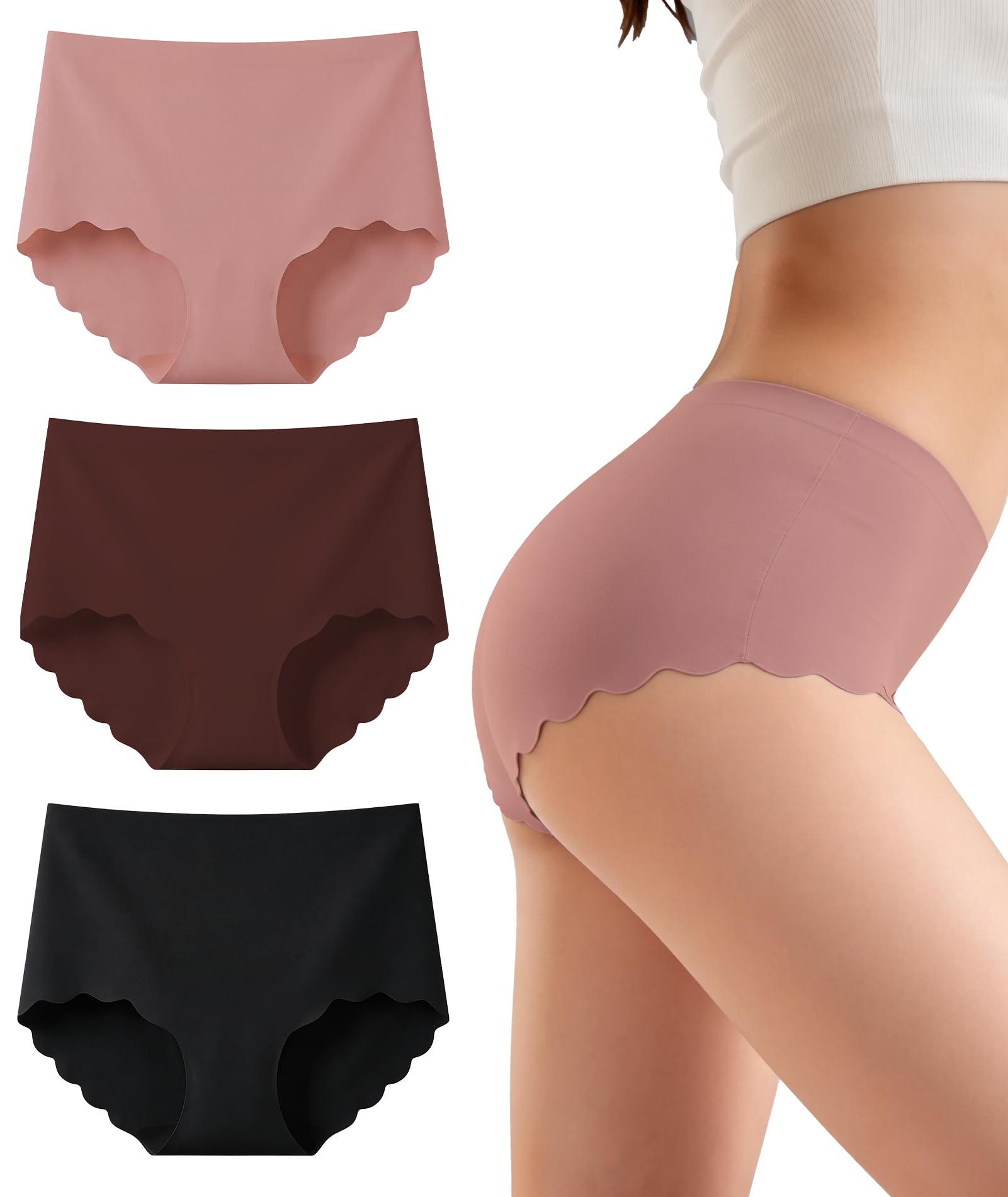 Gladbecke Seamless knickers for Women High Waisted Breathable Underwear 3 Pack – No VPL Invisible Panties, Moisture Wicking Stretchy Ladies Briefs Multipack,Burgundy & rose red & black,M