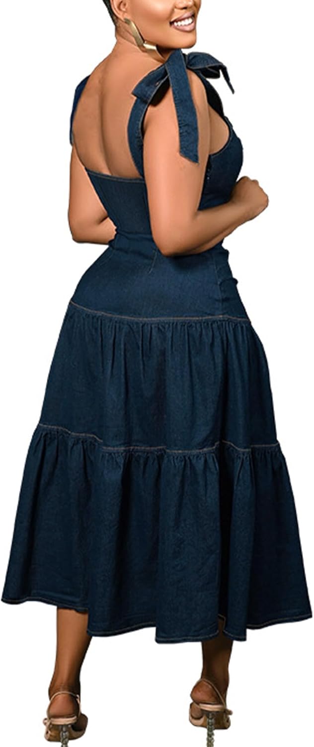Sexyshine Women's Spaghetti Strap Plus Size Denim Dress Tie Knot Sleeveless A Line Ruffle Layered Maxi Dress Jeans Dresses - Image 3