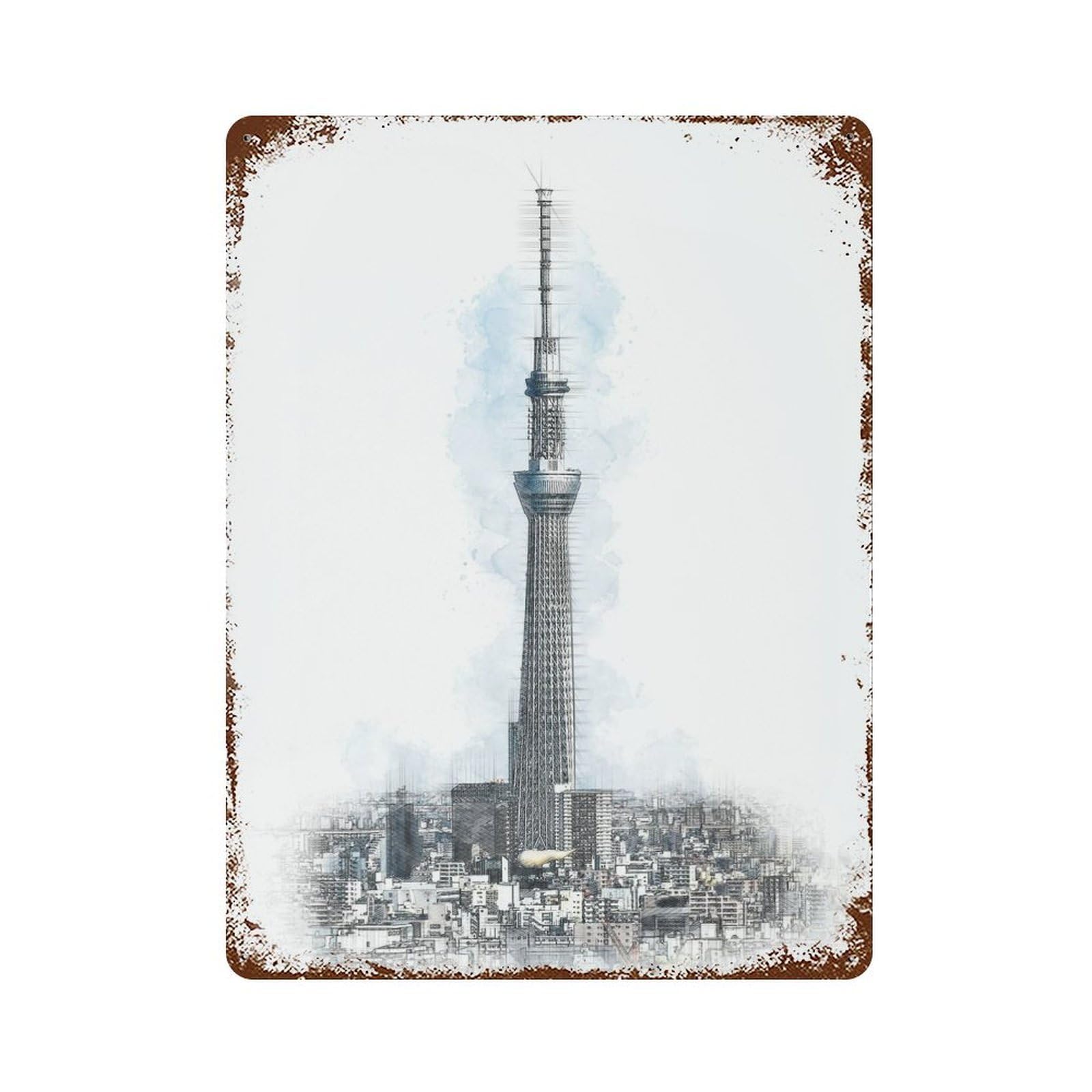 Aged Metal Wall Plaque with Tokyo Skytree Design 15.7"x11.8", for Basement, Hobby Room And Garage Decor, Farmhouse Wall Decor