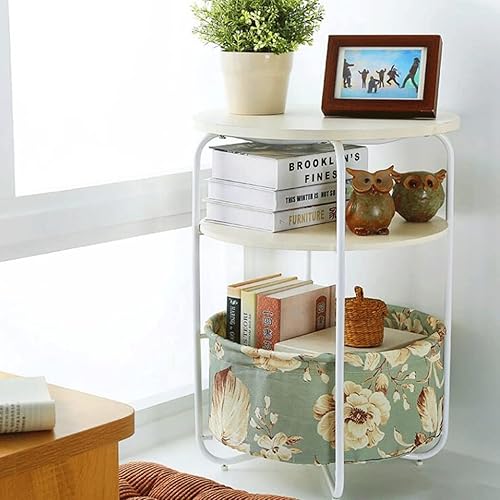 Miniatura 7 de Rustic Round Nightstand, Versatile 3 Tiers Coffee Side Table and Fabric Storage Basket, Sofa Side Snack Table, Space Saver Solid