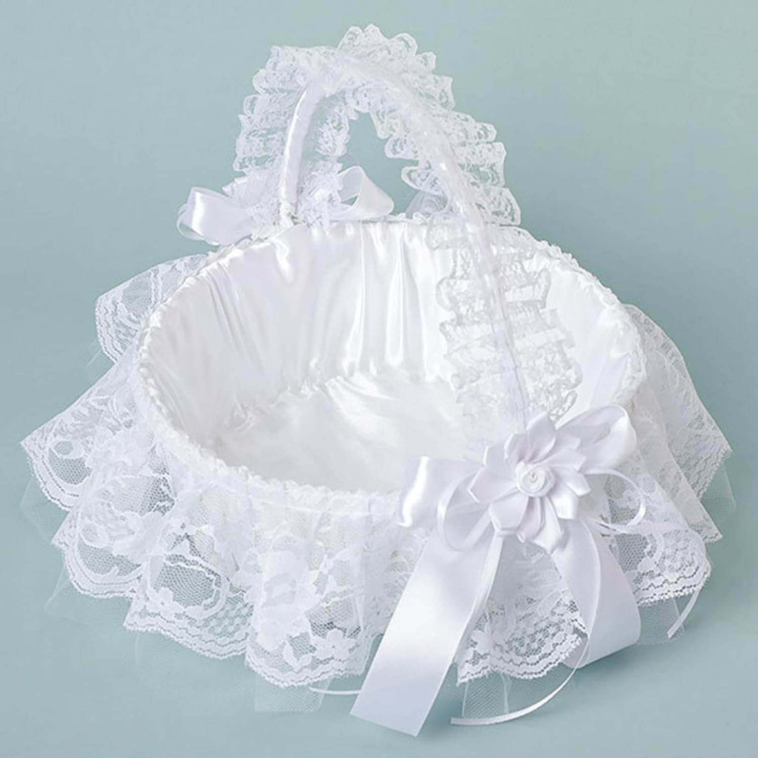 Ivory Flower Girl Baskets for Weddings，Handwoven Flower Girl Basket with Swingable Lace Handle Satin Flowers and Bows, Romantic Large Wedding Baskets for Flower Girls(Milky White/2PCS)