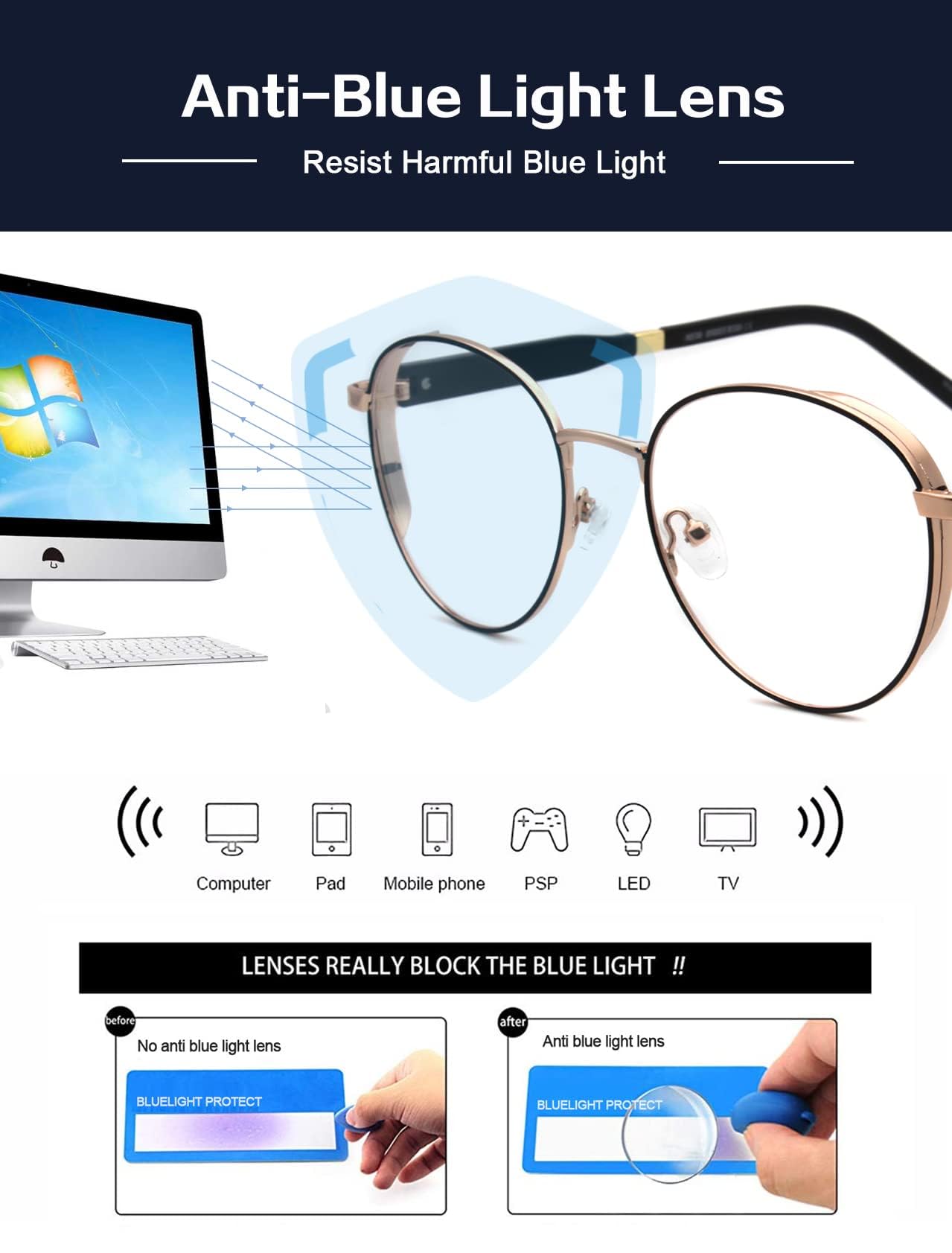 MOSTAR Verres à blocage de la lumière bleue pour hommes et femmes verres de mode monture en métal lunettes rondes, Lunettes dorées noires