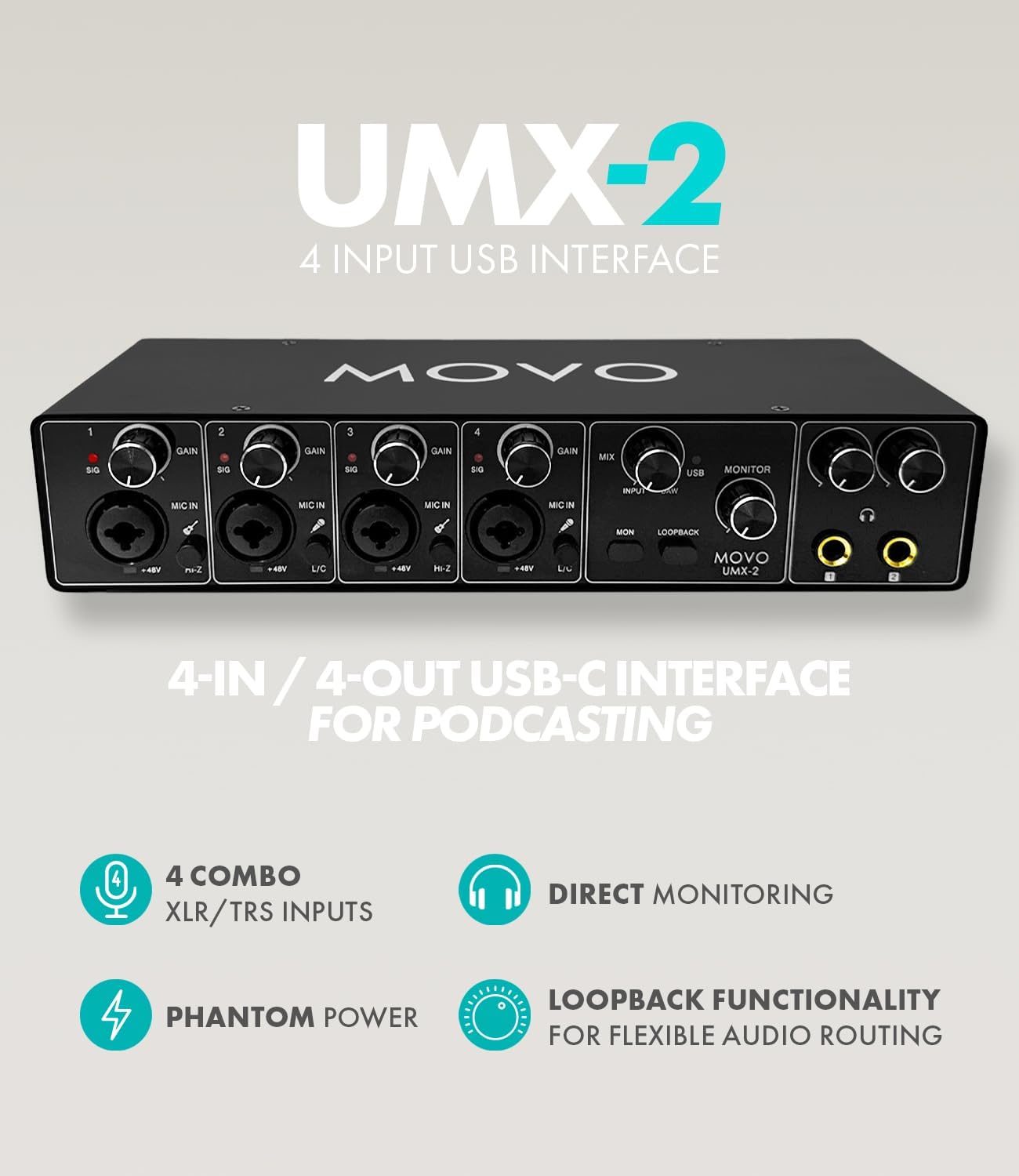 Movo UMX-2 4-Channel USB/USB-C Audio Interface for Recording, Podcasting, Audio Production – Mac & PC