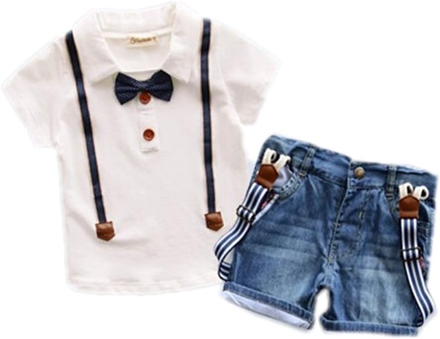Ladouby Little Boys Jeans T-shirt shorts belt 3 pieces clothes set Top Overall