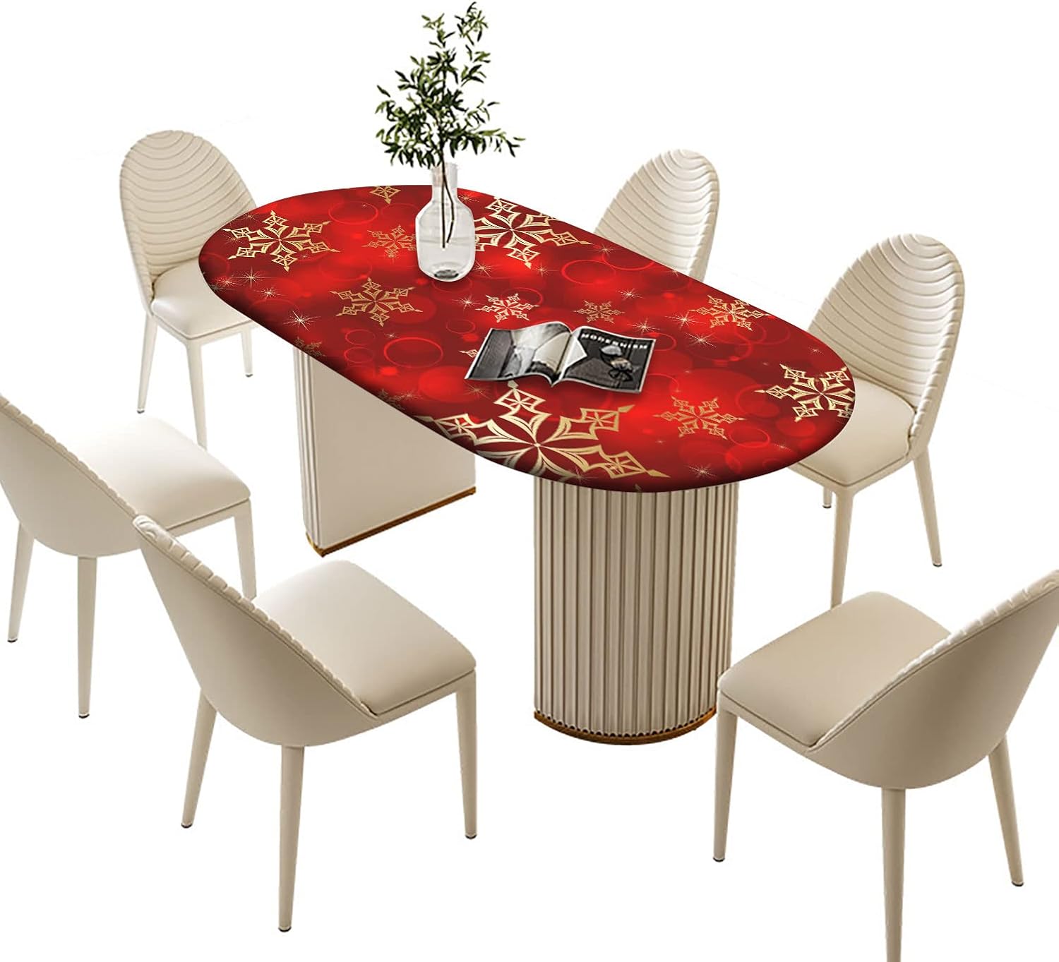 Red Christmas Oval Tablecloths, Golden Snowflake Print Elastic Fitted Table Cloth, Windproof Oblong Covers for Indoor Dinner and Outdoor Patio Decor, Fits Tables up to 48'' x 68''