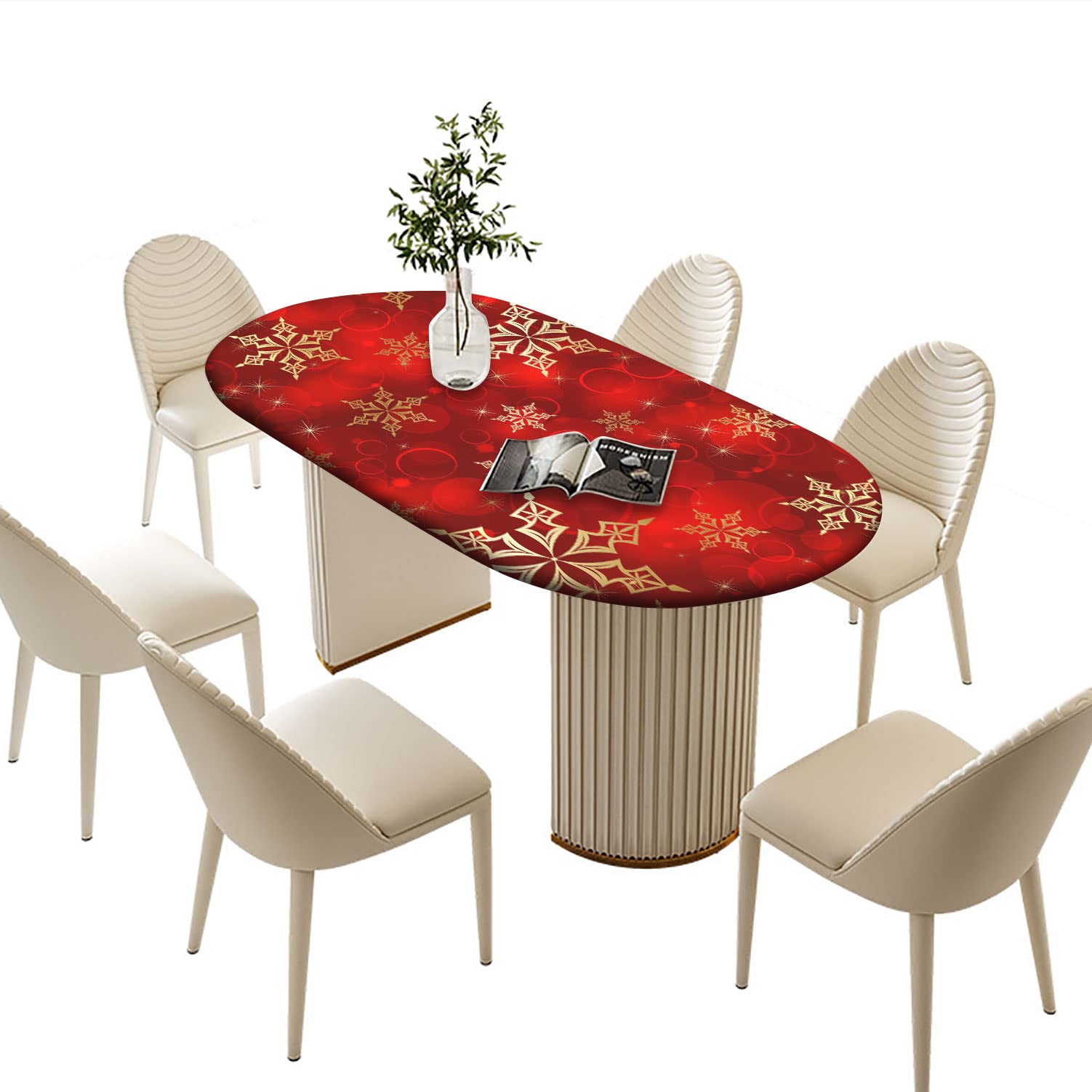 RenteriaDecor Red Christmas Oval Tablecloths, Golden Snowflake Print Elastic Fitted Table Cloth, Windproof Oblong Covers for Indoor Dinner and Outdoor Patio Decor, Fits Tables up to 48'' x 68''