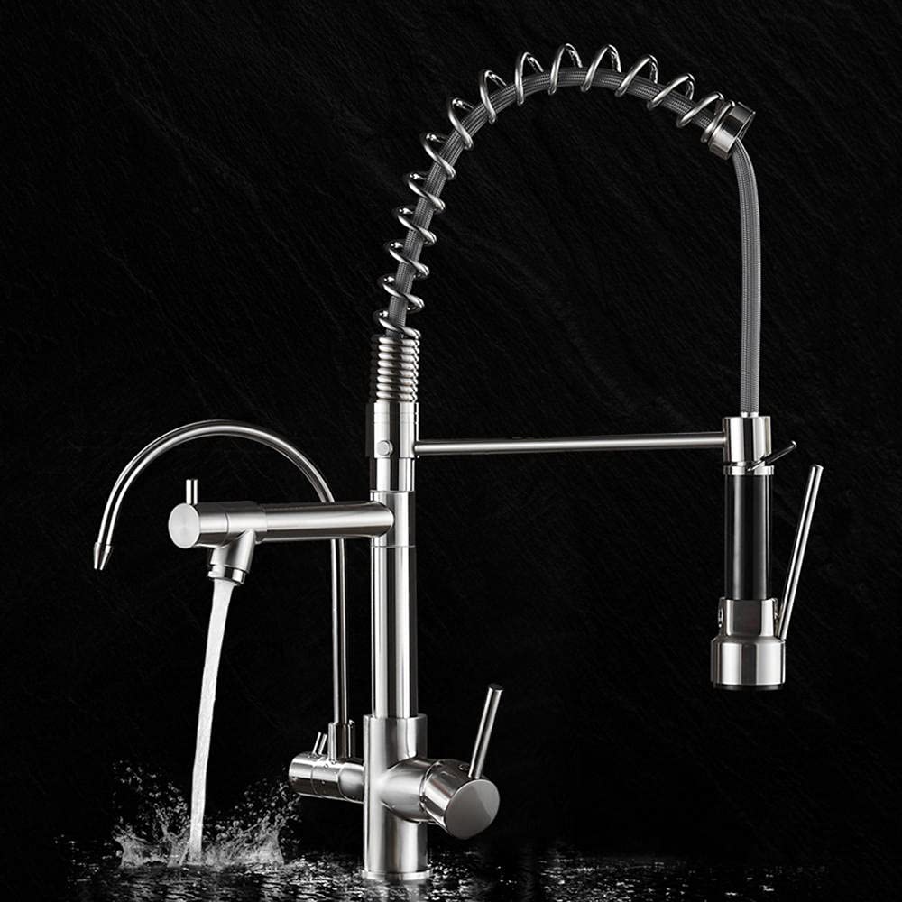 Grifo de cocina de 3 vías con filtro de agua, grifo mezclador para fregadero de cocina, llenador de ollas y caño con resorte, manguera extraíble, rociador, grifo mezclador para fregadero, purificador