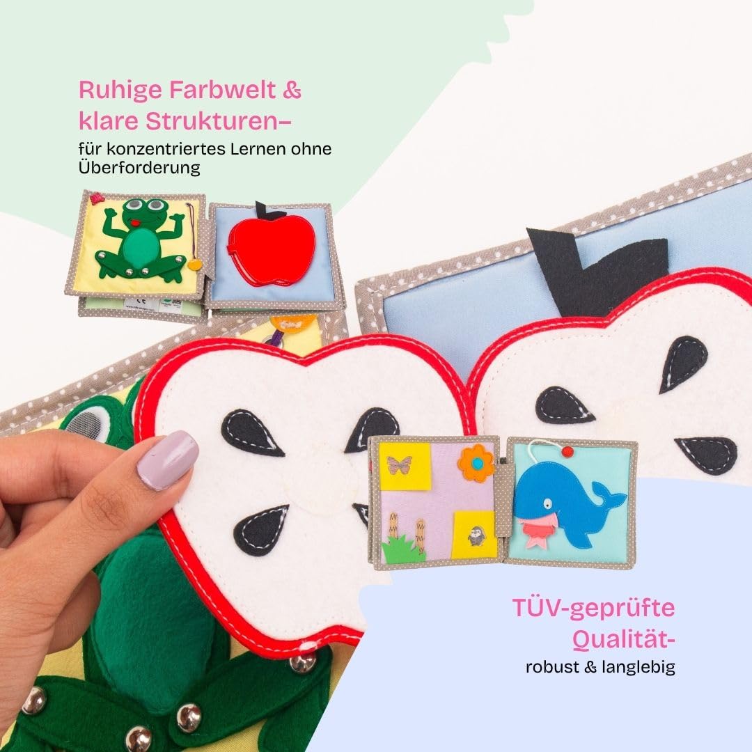 Jolly Designs Mini Quiet Book Dösender Löwe – Montessori Spielzeug ab 1 Jahr – Stoffbuch & Busy Book ohne lose Teile – Lernspielzeug aus Filz – Motorikbuch für Babys & Kleinkinder