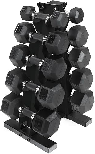 Miniatura 1 de WF Athletic Supply - Juego de mancuernas hexagonales con revestimiento de goma y peso de 5 a 25 libras, incluye un soporte con forma de A para