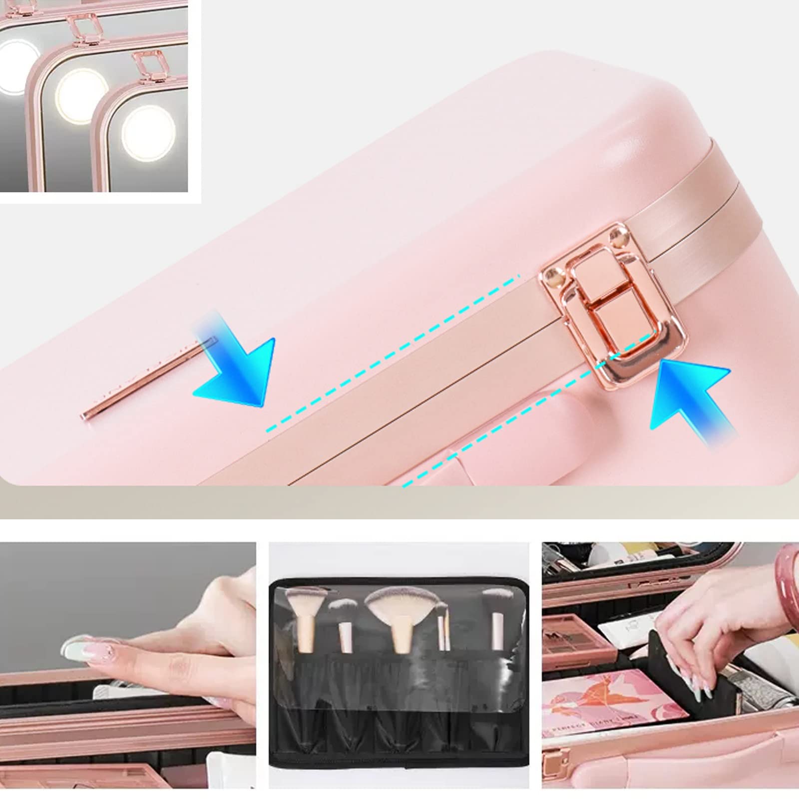 Make-up-Tasche, Kosmetiktasche, tragbar, Reise-Schminkbox, für Kosmetik, Make-up-Pinsel, Kulturbeutel, Schmuck, Aluminiumrahmen, tragbare LED-Spiegel-Make-up-Tasche, Rosa, Weiß, 1 Stück