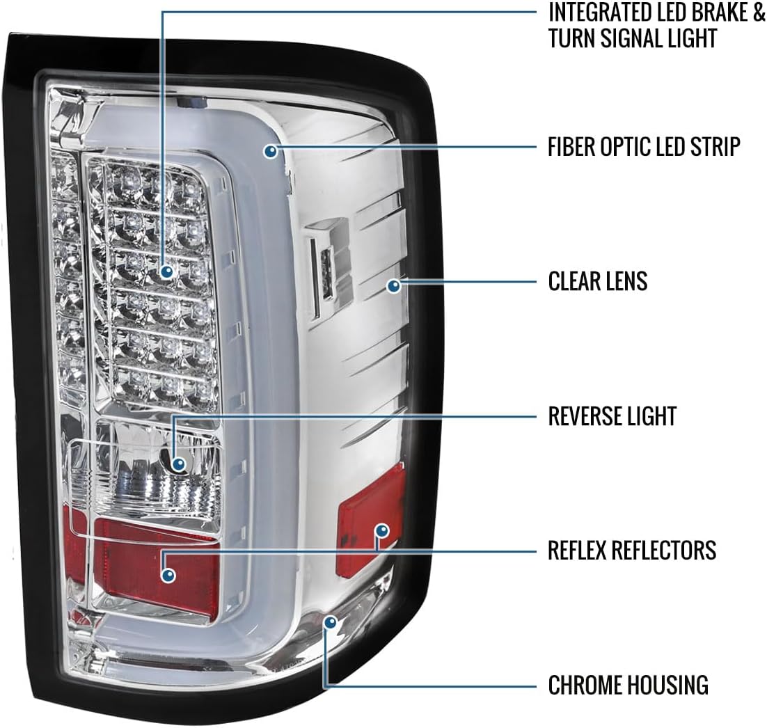 Ronnin - Fits 2014-2018 GMC Sierra 1500 2500HD 3500HD LED Integrated Brake and Turn Signals Tail Lights Assembly Pair | Chrome