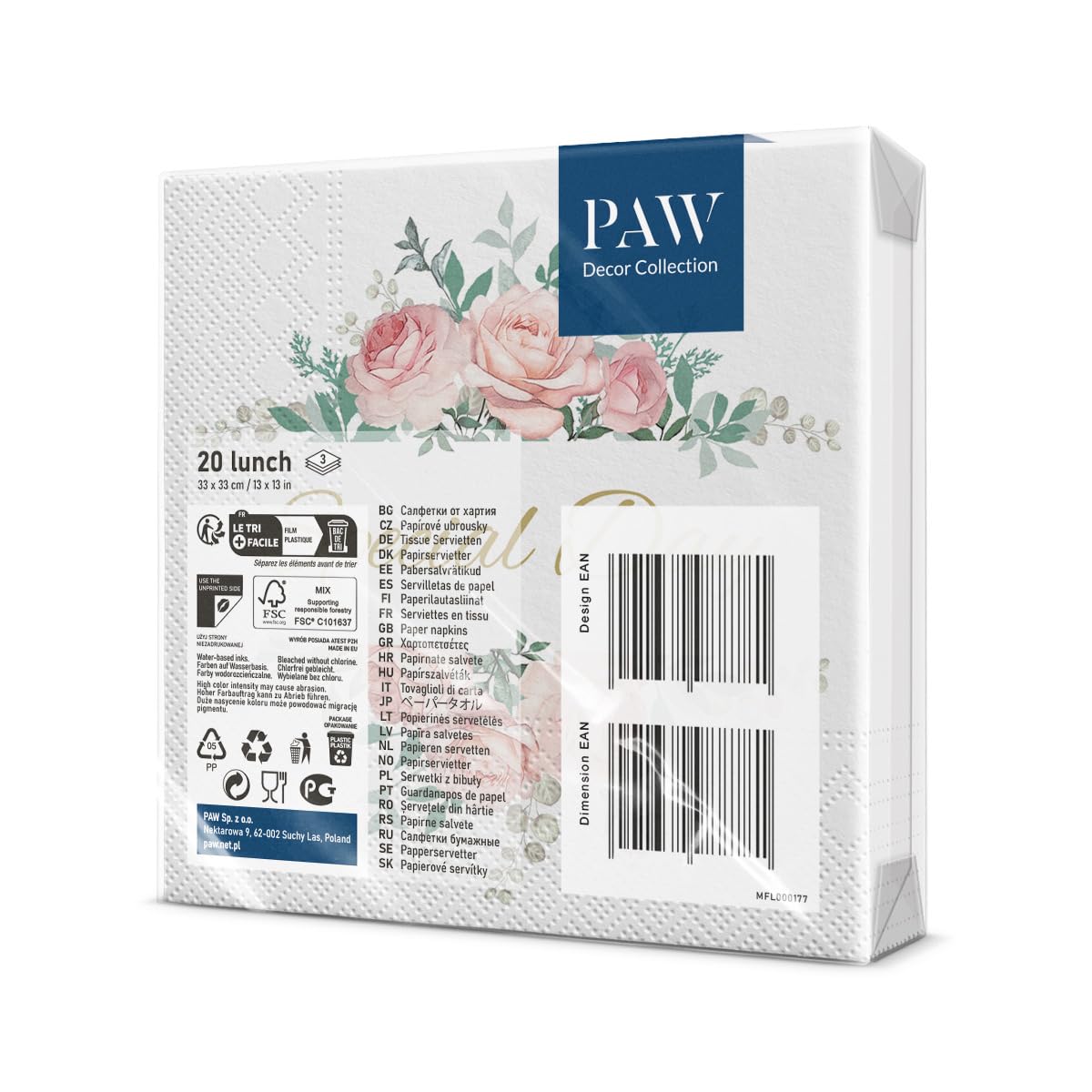 Serviettes Papier 3 Plis PAW - 33x33cm, Lot De 20 - Bleu Clair, Motif Spécial - Pour Fêtes Et Anniversaires