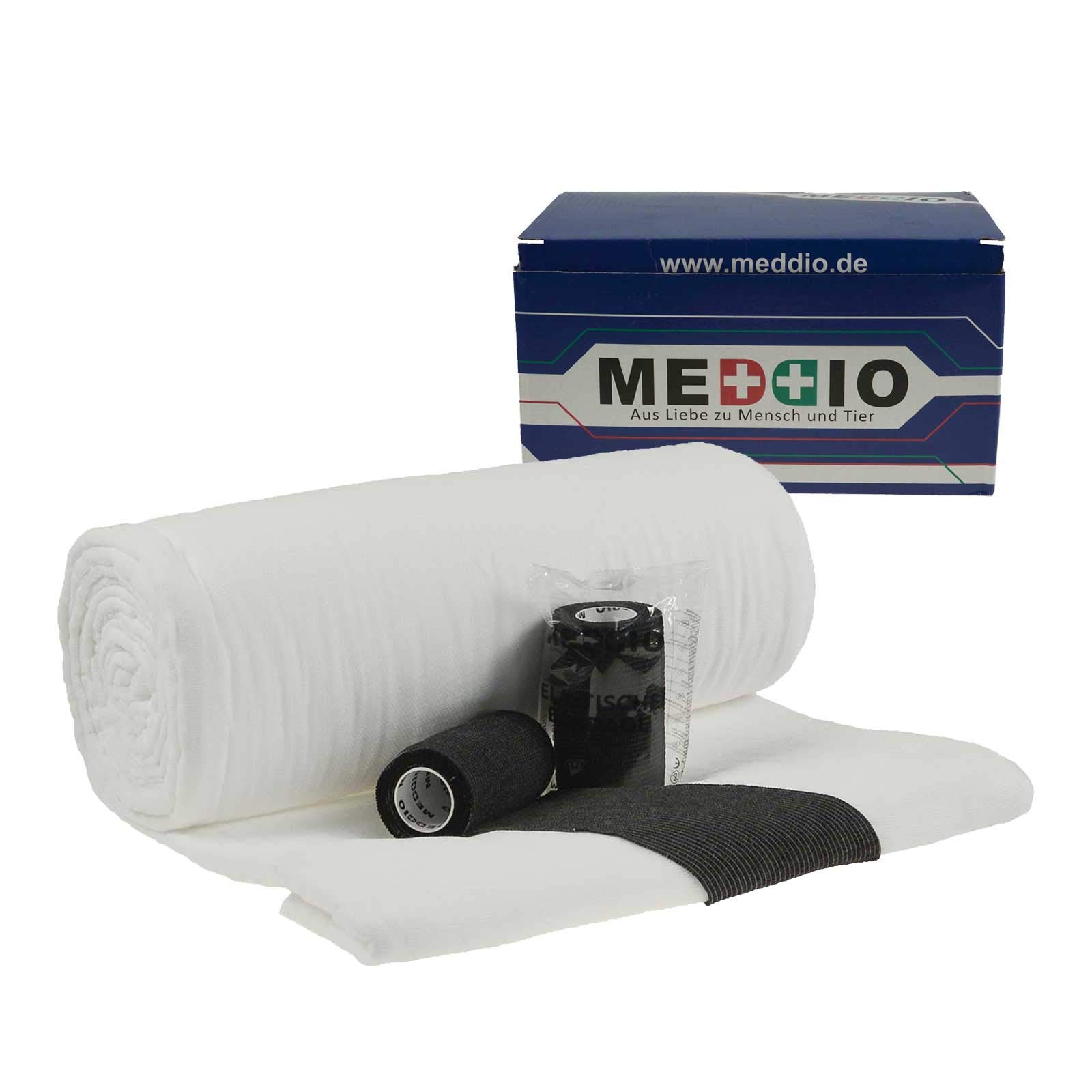 maDDma Mullwatterolle 40x500cm + 12 Haftbandagen 10cm schwarz selbsthaftende Bandagen Mullwatte Verbandwatte Mull