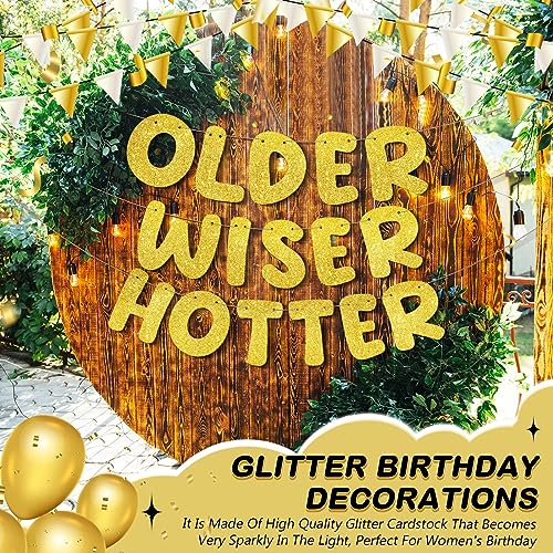 Image of Fulmoon Set of 3 Pre Strung Older Wiser Hotter Glitter Banner Funny Birthday Banner for Women 30th 40th 50th 60th 70th 80th Birthday Party Decorations Sign Gift(Gold)