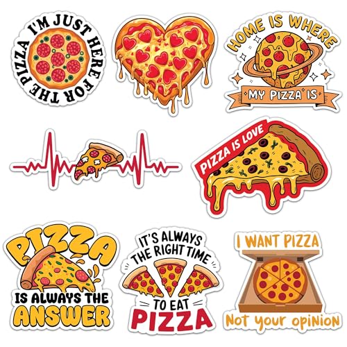 Image of Pizza Sticker 8 Pcs (Large Size) Vinyl Stickers Laptop Waterproof Decal for Car Bumper Water Bottle Notebook Luggage Window Birthday Decorations - Size 4 Inches