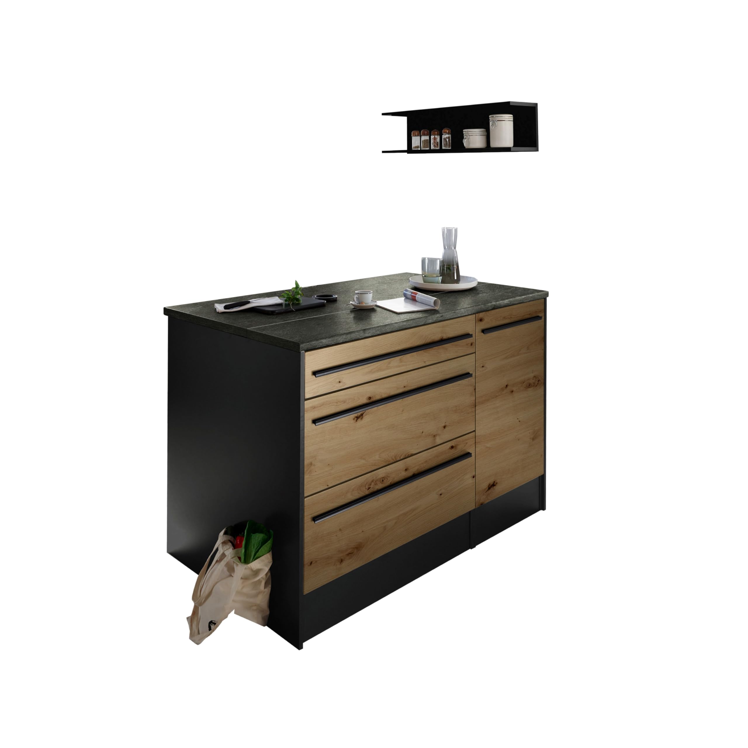 Stella Trading Jazz, Moderna con Piano di Lavoro, autoportante, Effetto, spaziosa Isola da Cucina con Molto Spazio, Legno ingegnerizzato, Antracite/Rovere Artisan, 145 x 90 x 90 cm