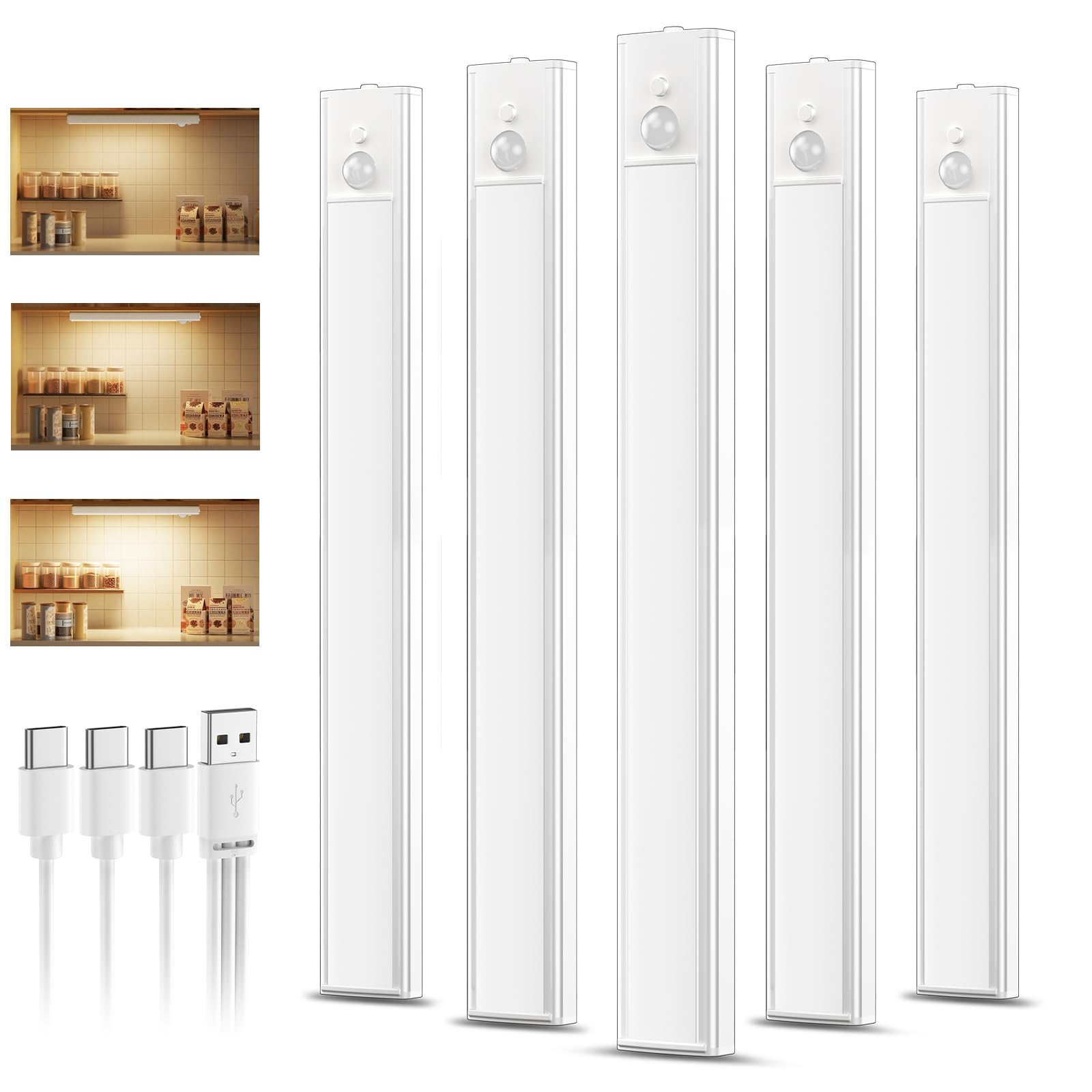 daphomeu 5 Pack Rechargeable Under Cupboard Kitchen Lights, Dimmable Cabinet Light Type-C Charging, LED Motion Sensor Lights Indoor, Magnetic Stick Wireless Light for Shelf Stairs Wardrobe Closet — view 10