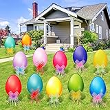 12 Pieces Easter Eggs Outdoor Yard Signs Corrugated Yard Decorations with Stakes and Bow Easter Yard...
