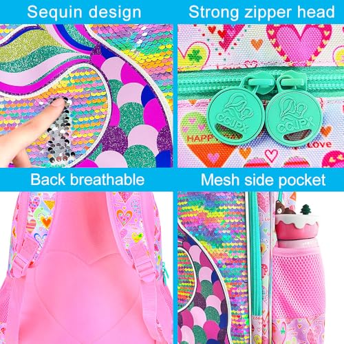 Image of CCJPX 3Pcs Mermaid Backpack for Girls, 16 inch Kids Sequin Bookbag with Lunch Box, Water Resistant Elementary School Bag for Kindergarten Preschool Toddler (Rainbow)