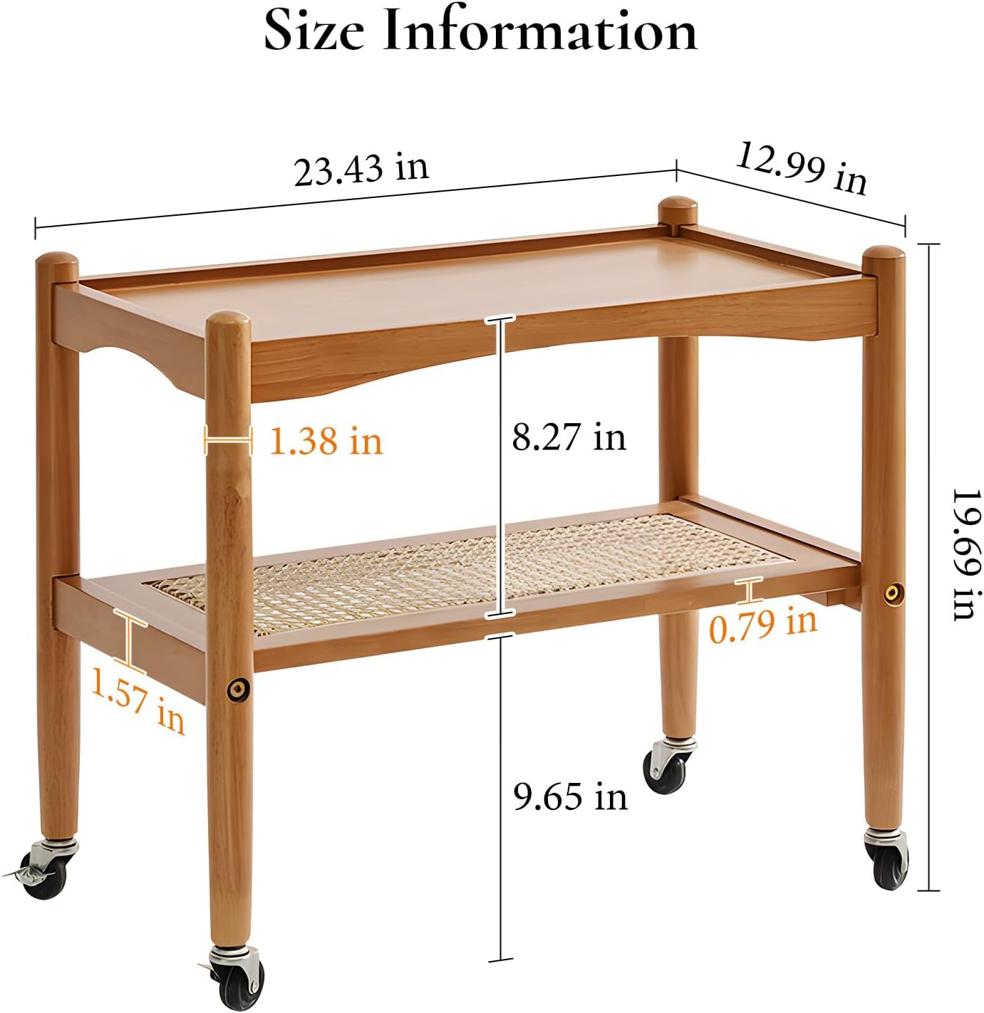 Rattan Side Table with Wheels, Small End Table with Storage, Narrow Wooden Bed Side Table for Living Room, Modern Slim Sofa Nightstand, 23.43" W*12.99" D*19.69" H, (Natural)