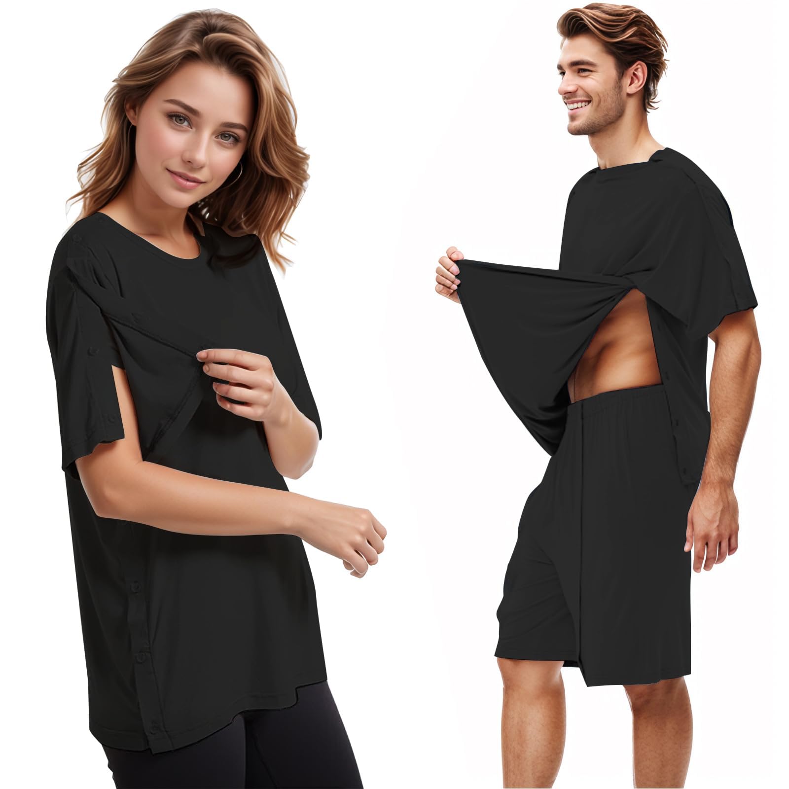 Chemo-Shirt nach der Schulter, vollständig offen, seitlicher Druckknopf, anpassungsfähig, Unisex, Brustöffnung, Chemo-Shirt