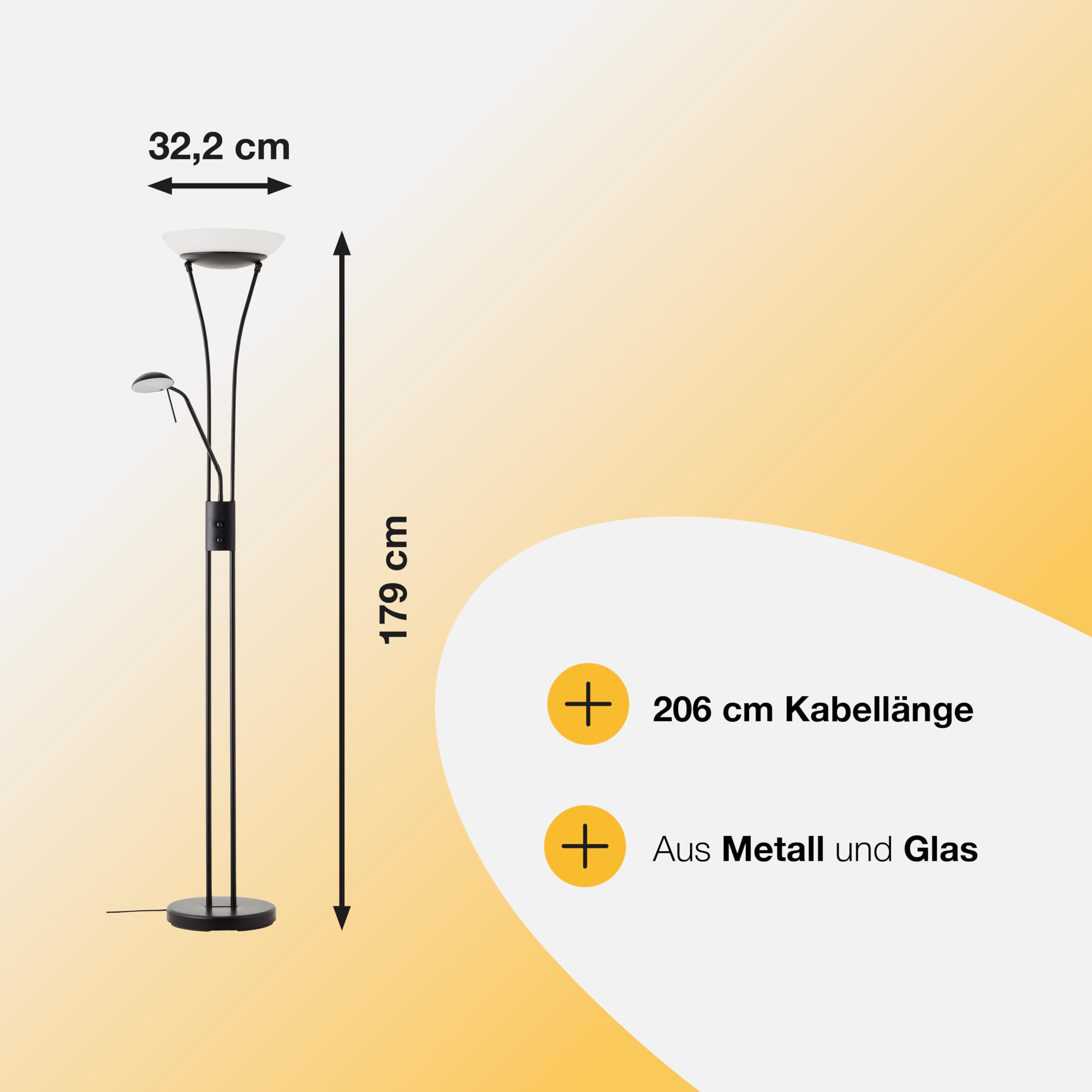 Brilliant Finn LED Deckenfluter Lesearm schwarz, Metall/Glas, 1x LED integriert (SMD), 26 W, (Lichtstrom: 2500lm, Lichtfarbe: 3000K) | Stehlampe mit Drehdimmer fürs Wohnzimmer und die Leseecke, modernes, schlankes Standleuchten-Design